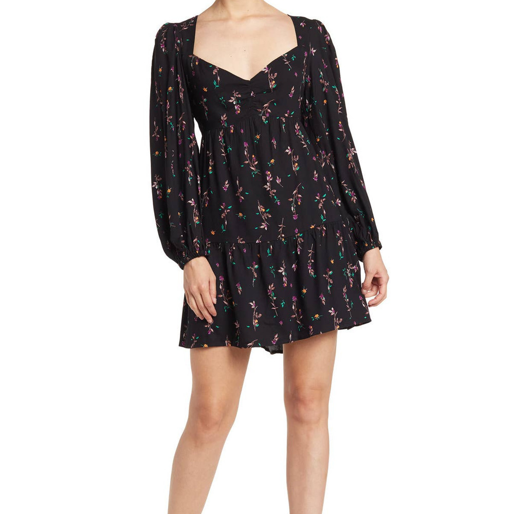 NWT AFRM Channa Ruched Sweetheart Neck Black Floral Mini Dress • Size M 🗣